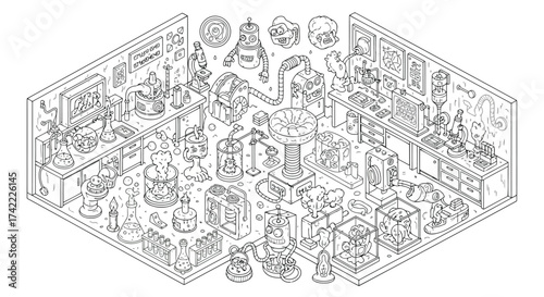 Detailed isometric illustration of a busy laboratory with scientific equipment vector design