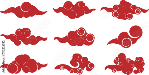 Collection of red Asian clouds with stylized swirls sits against the white background