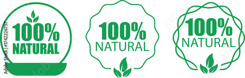 Three green stamps affirm one hundred percent natural goodness against a white backdrop