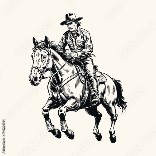 Vintage Cowboy on Bucking Horse Hand-Drawn Line Art, Black and White Engraving Style Retro Printmaking Illustration, Isolated Design