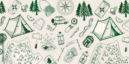 Hand drawn camping adventure elements seamless pattern with tents campfire and outdoor gear