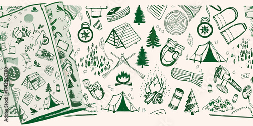 Hand drawn camping and outdoor adventure elements seamless pattern with tents campfires and trees