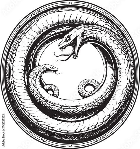 Intricate Ouroboros serpent symbol intricately drawn within a circular emblem, evoking ancient myths and eternal cycles