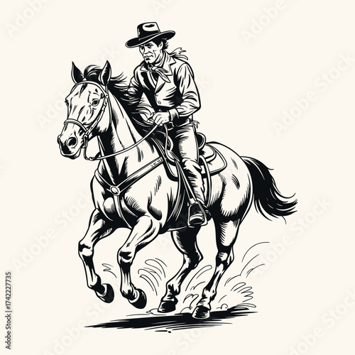 Vintage Cowboy on Bucking Horse Hand-Drawn Line Art, Black and White Engraving Style Retro Printmaking Illustration, Isolated Design