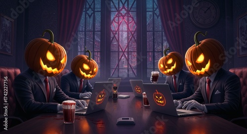 Men with pumpkin heads holding meeting using laptops in dark gothic room. Halloween business concept for seasonal marketing or advertisement.