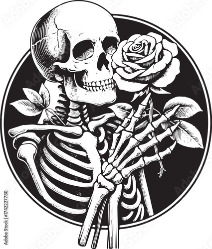 Embrace mortality with this striking skeleton holding a delicate rose, a powerful symbol of life's ephemeral beauty and enduring love