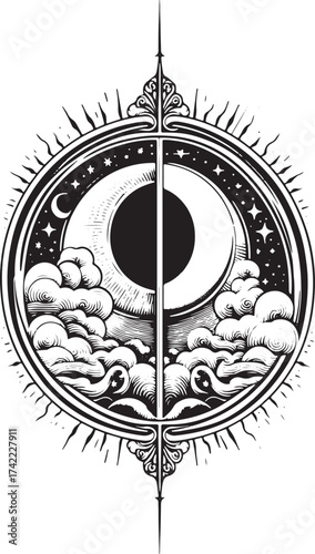 Mysterious celestial emblem showcasing a split moon, starry night sky, and swirling clouds in dramatic black and white design