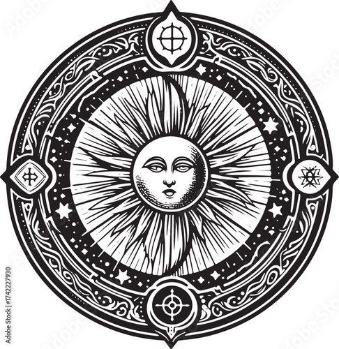 Mystical sun face emblem with celestial stars and esoteric symbols, radiating cosmic energy and ancient wisdom