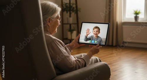 Senior caucasian woman having a video call with a cheerful child on a digital tablet at home. Elderly lady using modern technology for connection.