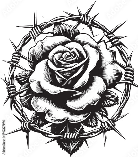 Bold rose entwined with sharp barbed wire symbolizes strength through adversity and resilience in a striking monochrome design