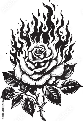 Fiery rose blooms with intense flames erupting from its petals, a powerful symbol of passion and transformation in bold graphic style