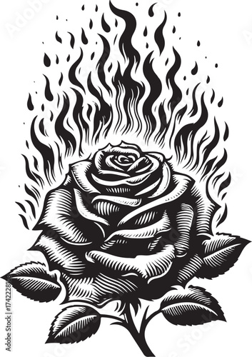 Bold black and white rose ablaze with fiery flames, symbolizing passion and transformation, perfect for edgy designs.