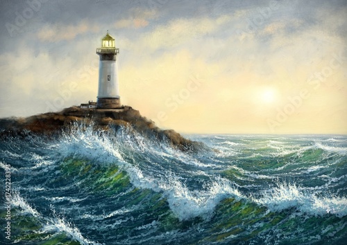 Digital oil painting sea landscape, lighthouse on the coast 