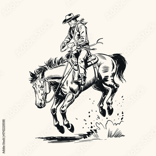 Vintage Cowboy on Bucking Horse Hand-Drawn Line Art, Black and White Engraving Style Retro Printmaking Illustration, Isolated Design