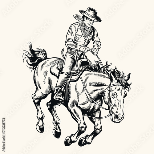 Vintage Cowboy on Bucking Horse Hand-Drawn Line Art, Black and White Engraving Style Retro Printmaking Illustration, Isolated Design