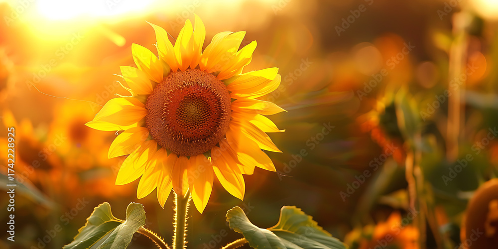 Fototapeta premium Radiant sunflower glows in golden light, nature's beauty blooms