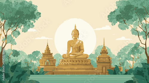 Buddha statue and the sun surrounded by trees