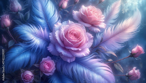 Blue and pink roses with feathers in dreamy artistic composition