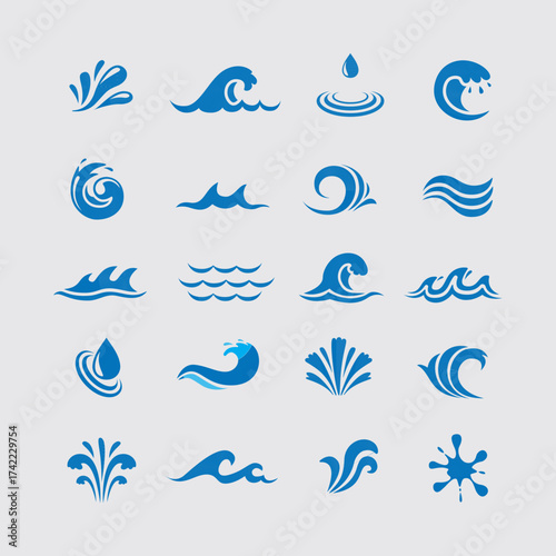 Collection of Wave Icons and Water Symbols for Various Applications