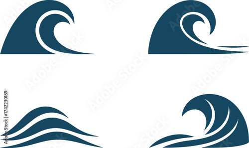 Set of stylized dark blue ocean wave icons and symbols