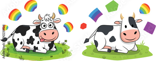 Cartoon cow illustration, cute dairy cow vector, funny farm animal art, colorful rainbow design, livestock artwork