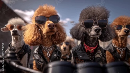 Group of poodles dressed as bikers riding motorcycles together, enjoying the wind and the ride, humorous and playful concept with dogs in a motorbike gang