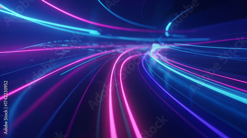 Futuristic Neon Light Trails – Cyberpunk Glowing Speed Lines in Blue and Pink Abstract Background