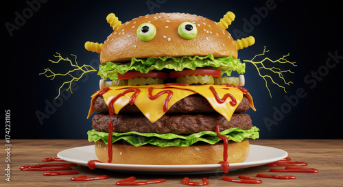 Halloween monster burger with electric cheese spikes and spooky eyes