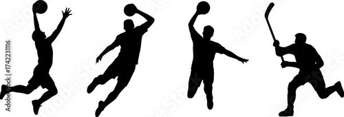 Dynamic silhouettes of athletes engaged in basketball and hockey action