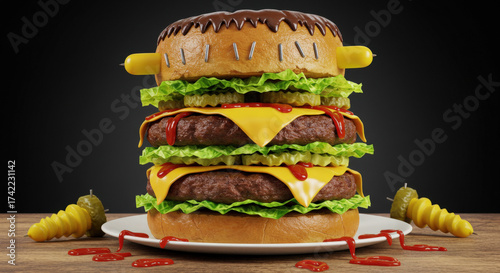 Halloween crazy double burger shaped like a scary creature