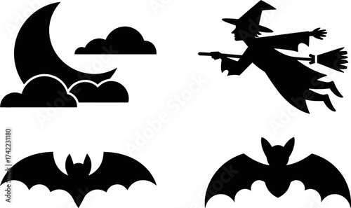 Spooky Halloween night with a witch flying under a crescent moon and bats soaring