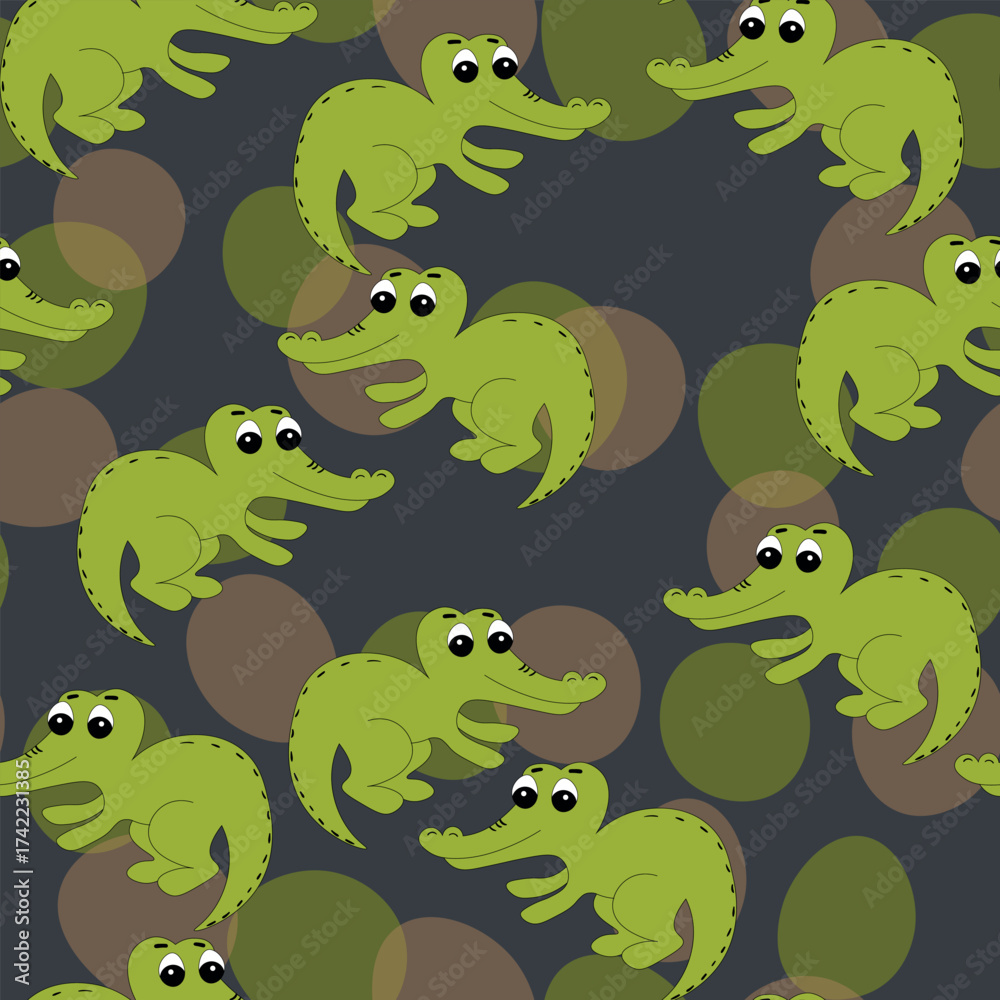 Obraz premium Animal seamless pattern with cartoon crocodiles on color background. Cute holiday illustration with crocodile for baby. Design for invitation, poster, card, fabric, textile, wrapper.