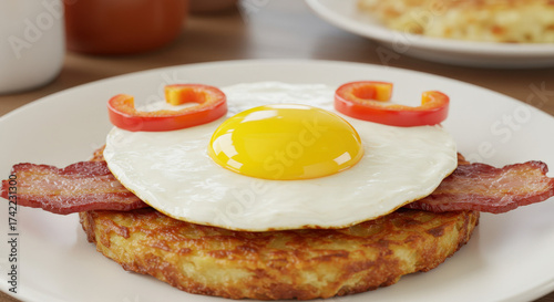 Halloween funny pancake breakfast with egg eyes and crispy bacon moustache