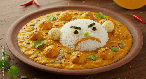 Halloween devil rice character in pumpkin curry with playful face