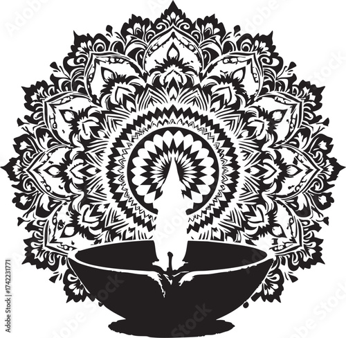 Diya Oil Lamp Mandala Vector: Detailed Ornate Meditation Background, Hindu Festival of Diwali and Spiritual Light

