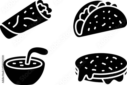 Delicious Mexican food icons: burrito, taco, nachos, and burger