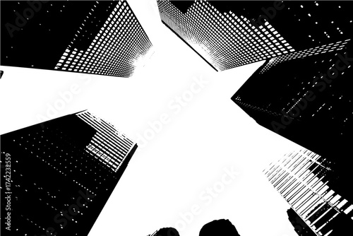 Dramatic upward view of towering skyscrapers against bright sky, symbolizing ambition, progress, and urban development, originally vector graphics for scalable design