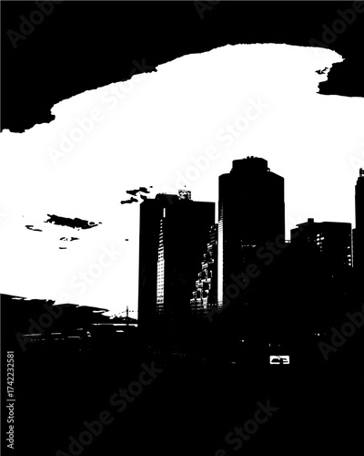 Dynamic silhouette of modern city buildings against a bright sky, evoking urban progress and architectural design, perfect for conveying ambition and innovative cityscape development