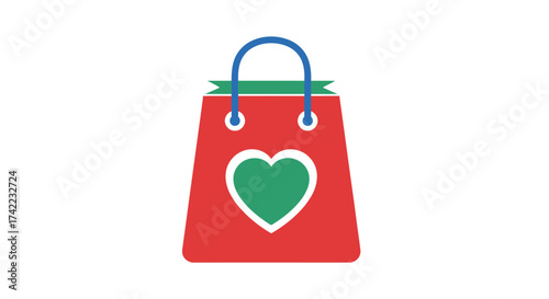 A stylized red shopping bag with a green heart symbol, representing love and retail.