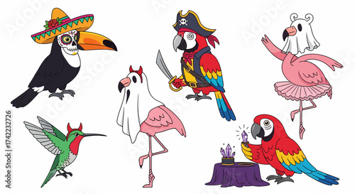 Illustration with humorous birds dressed in costume party avatars animals