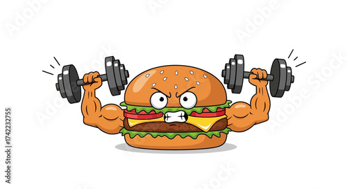Cartoon illustration of a determined burger character lifting dumbbells, showcasing strong arms and a focused expression.