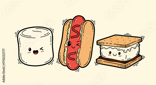 Flat vector smiling marshmallow hotdog s'more cute cartoon food illustration