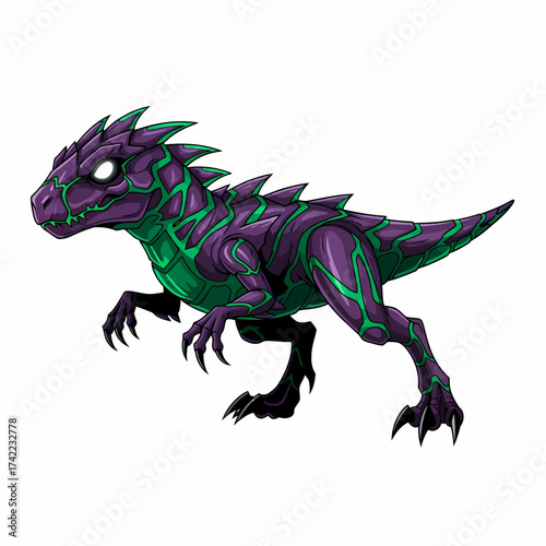 Digital illustration ferocious stylized dinosaur creature purple and green skin