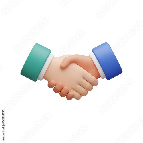 3D cartoon handshake with blue and green cuffs agreement
