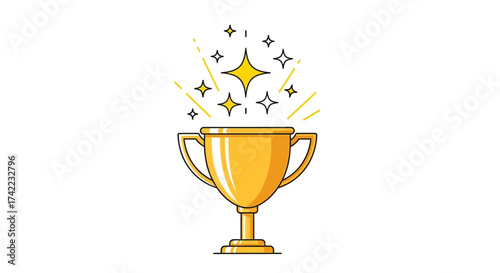 Golden trophy cup with shining stars emanating from it, symbolizing victory, achievement, and success on a white background.