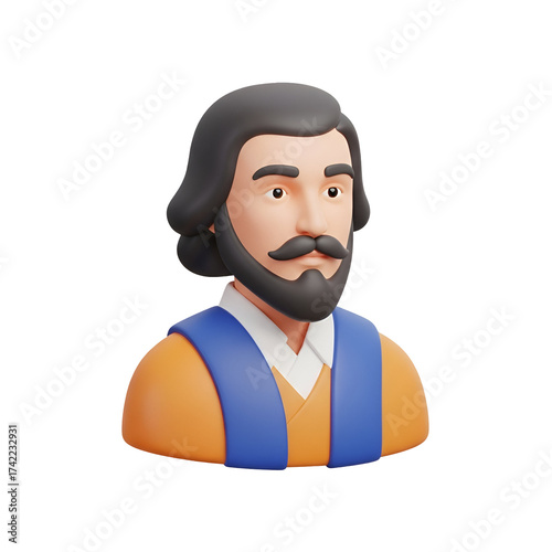 3D Cartoon Historical Figure Bust with Beard on White Background