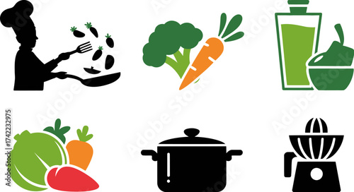 Culinary icons depicting cooking, fresh vegetables, and kitchen tools