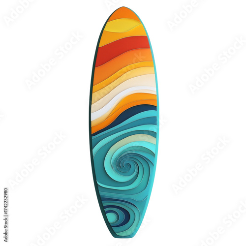 Surfboard Design with Layered Paper Cut Style Representing Sunset and Waves