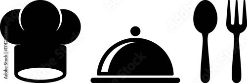 Culinary icons: chef hat, cloche, spoon and fork symbolize restaurant service and cooking