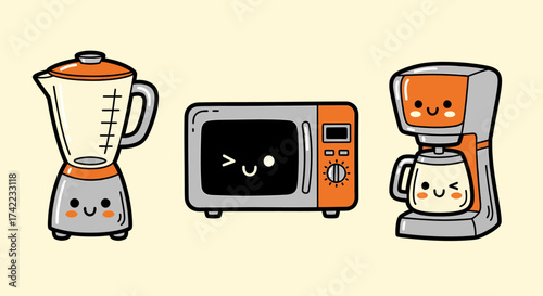 Flat vector kitchen appliances set cute characters blender microwave coffee